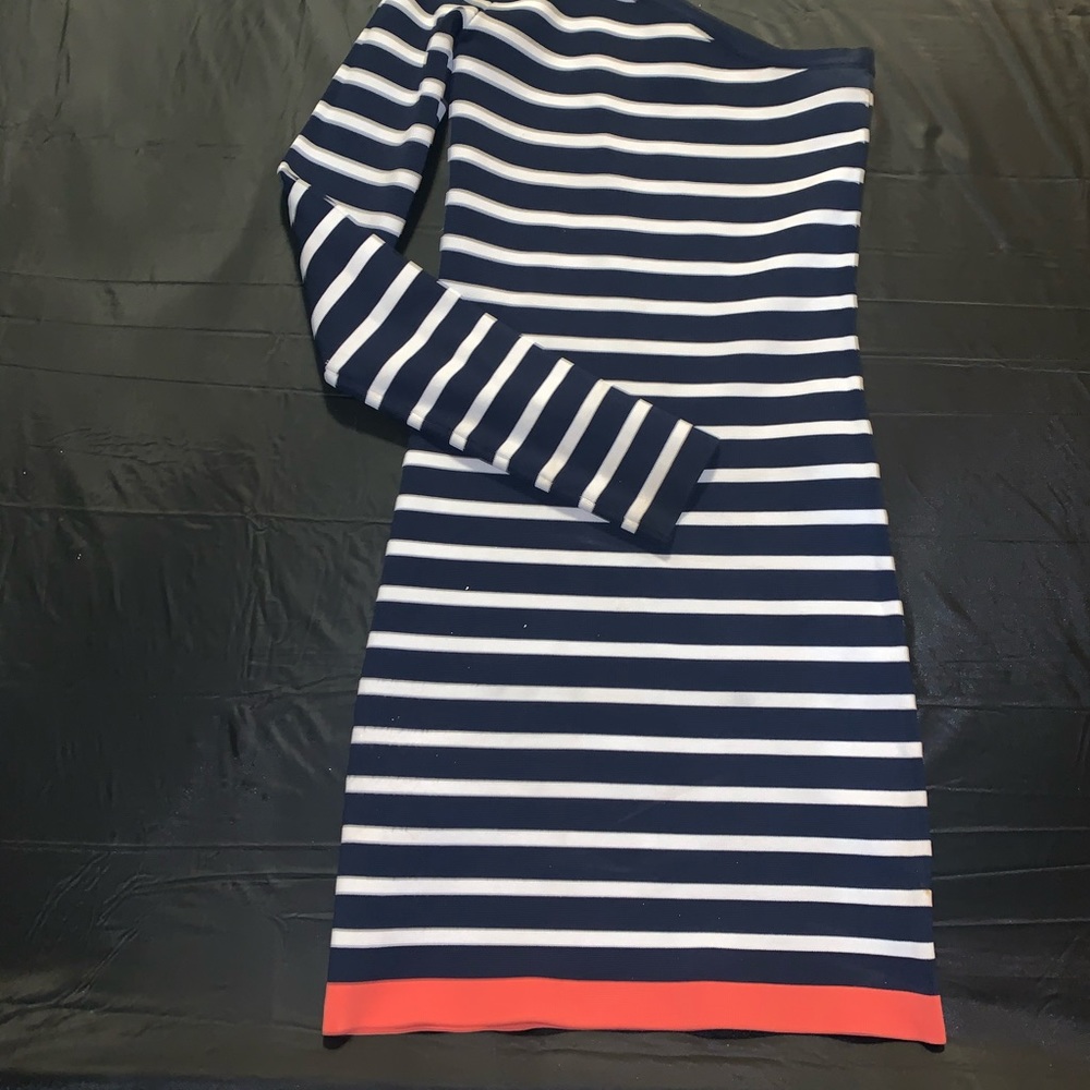 BCBG Bandage Navy Stripe One Shoulder Dress